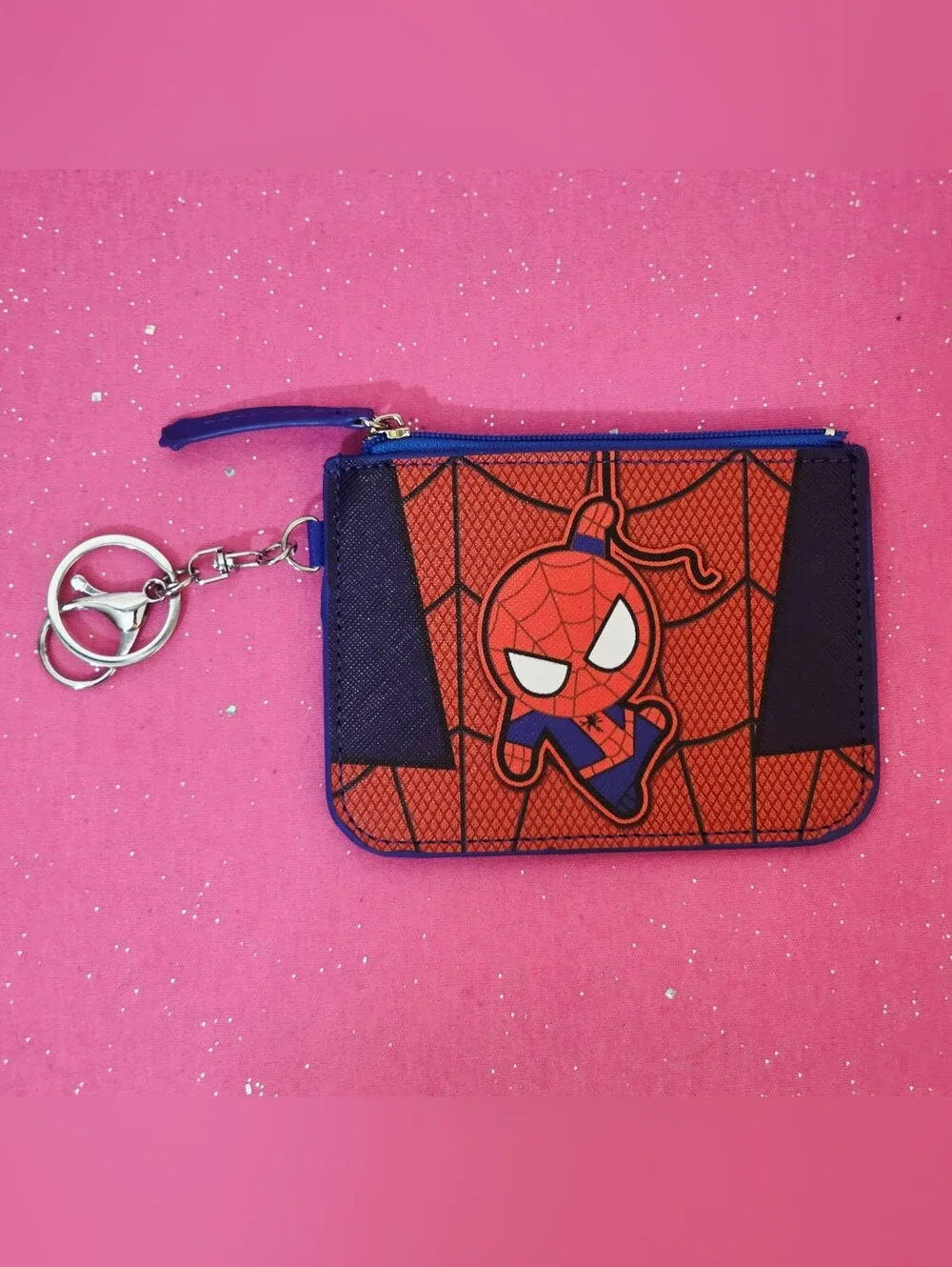 Spider-Man Blue/Red Synthetic Graphic Print Zip ID Holder Wallet w/ Keyring